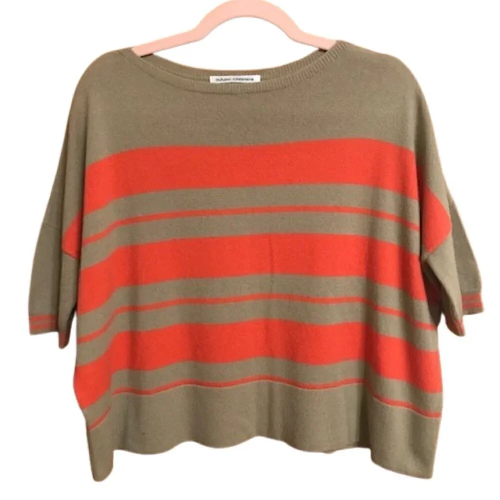 Autumn Cashmere Women's 100% Cashmere Striped 3/4 Sleeve Sweater Size XS